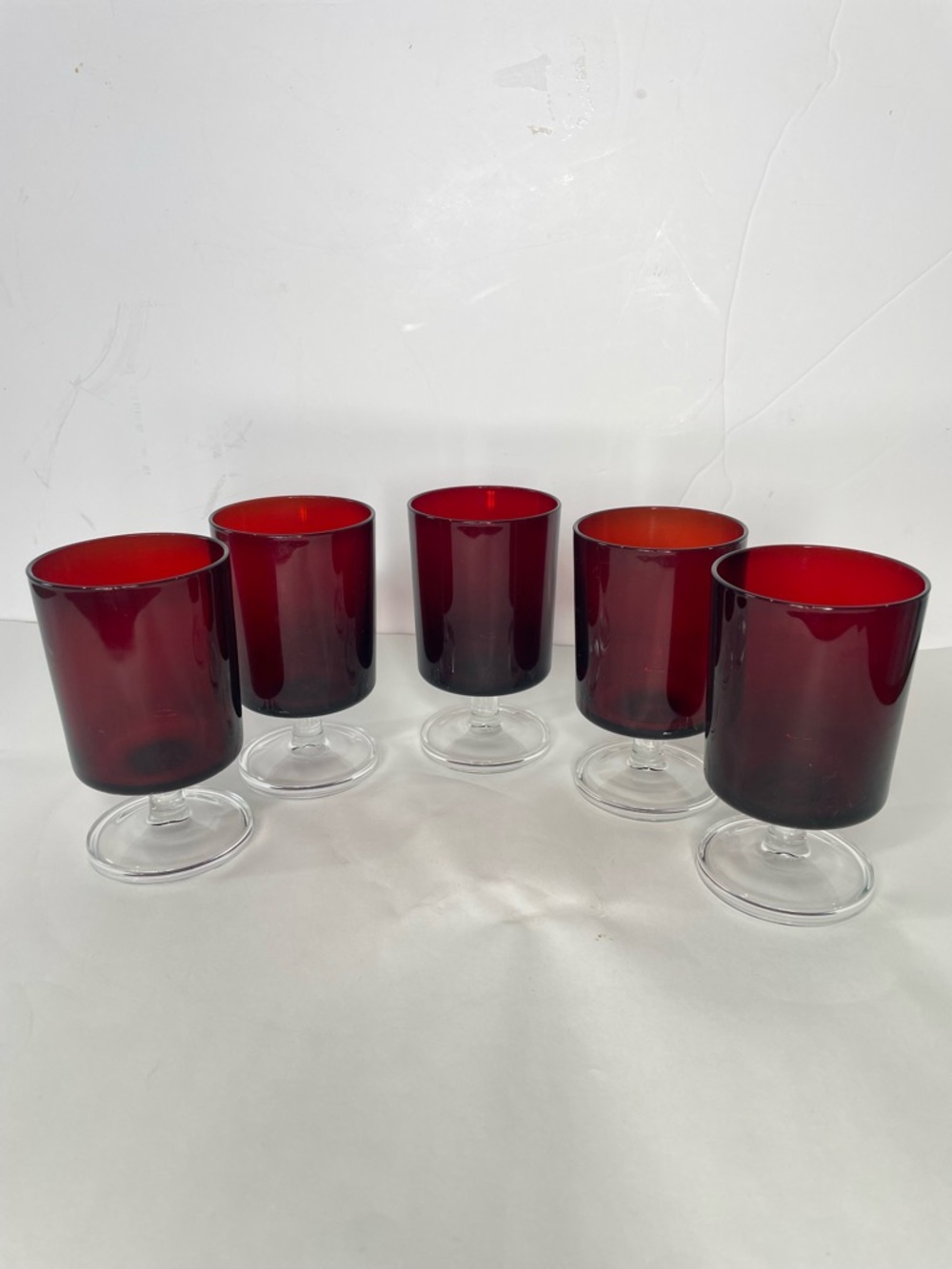 5 Vintage Luminarc Arcoroc Cordial Stemmed Glasses Ruby Red Clear 5”